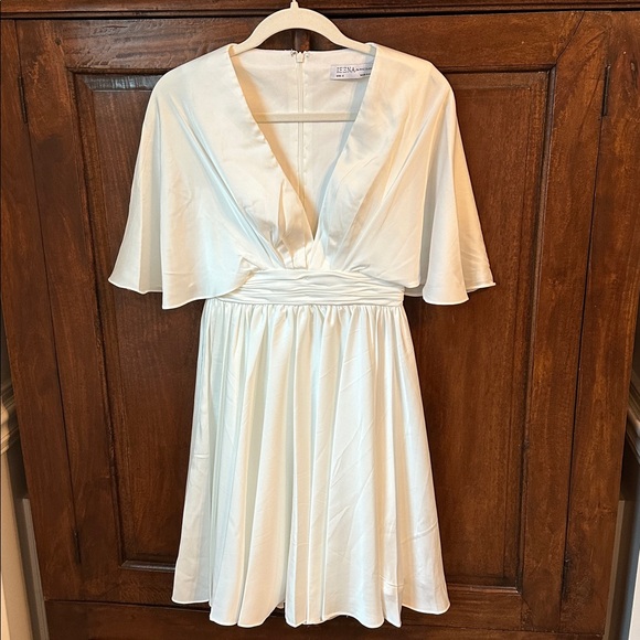 IEENA Mac Duggal, Satin Flowy Flutter Sleeve Mini Dress - Picture 6 of 11